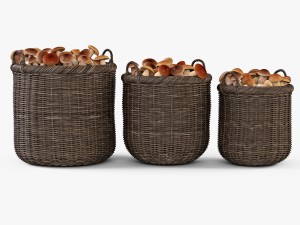 wicker basket 07 walnut brown color with mushrooms 3D Model