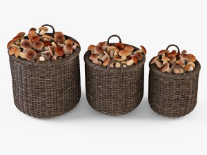wicker basket 07 walnut brown color with mushrooms 3D Model