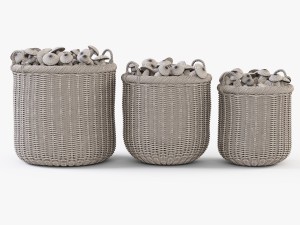 wicker basket 07 walnut brown color with mushrooms 3D Model