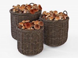 wicker basket 07 walnut brown color with mushrooms 3D Model