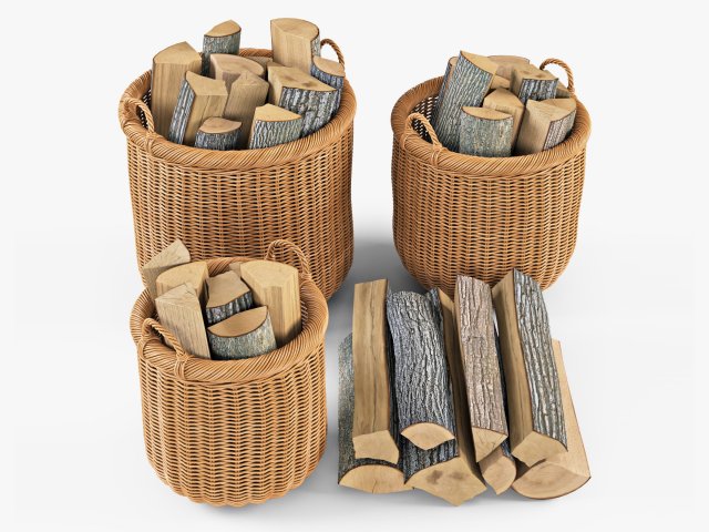 wicker basket 07 toasted oat color with firewood 3D in 3DExport
