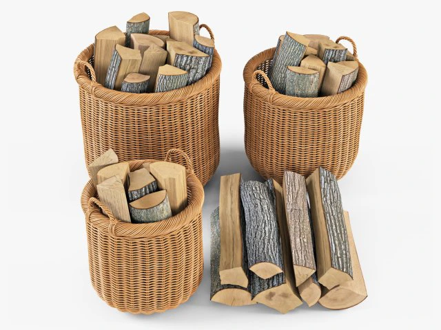 wicker basket 07 toasted oat color with firewood 3D Model .c4d .max .obj .3ds .fbx .stl .blend 