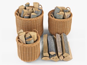 wicker basket 07 toasted oat color with firewood 3D Model