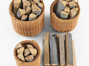 wicker basket 07 toasted oat color with firewood 3D Model