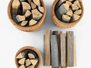 wicker basket 07 toasted oat color with firewood 3D Model