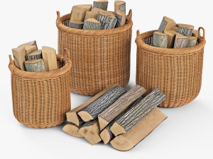 wicker basket 07 toasted oat color with firewood 3D Модель