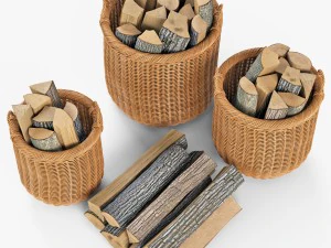 wicker basket 07 toasted oat color with firewood 3D Model