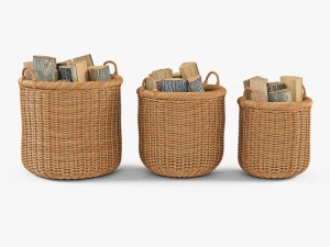 wicker basket 07 toasted oat color with firewood 3D Model