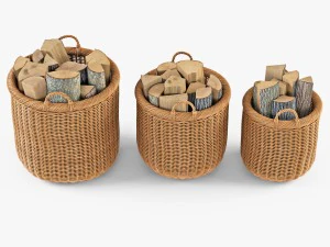 wicker basket 07 toasted oat color with firewood 3D Model