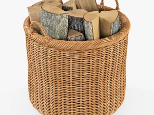 wicker basket 07 toasted oat color with firewood 3D Model