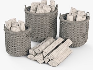wicker basket 07 toasted oat color with firewood 3D Модель
