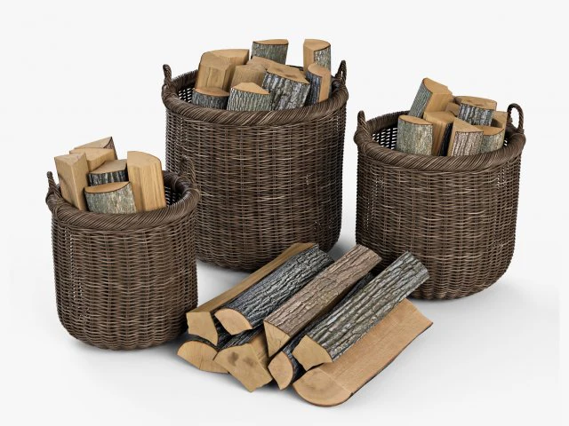 wicker basket 07 walnut brown color with firewood 3D Model .c4d .max .obj .3ds .fbx .stl .blend