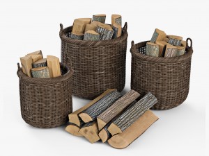 wicker basket 07 walnut brown color with firewood 3D Model