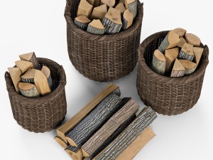 wicker basket 07 walnut brown color with firewood Model 3D