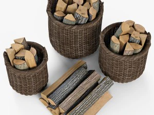wicker basket 07 walnut brown color with firewood 3D Model