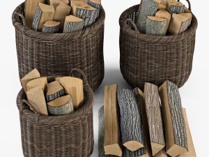 wicker basket 07 walnut brown color with firewood 3D Model