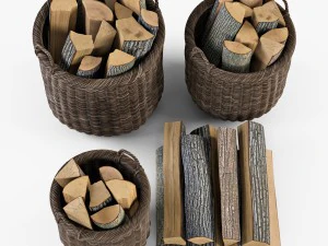 wicker basket 07 walnut brown color with firewood 3D Model