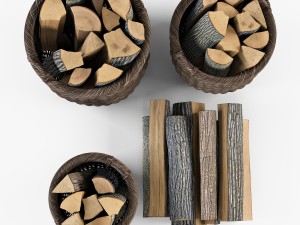 wicker basket 07 walnut brown color with firewood Model 3D