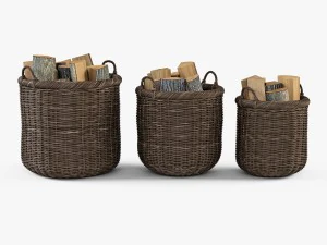 wicker basket 07 walnut brown color with firewood 3D Model