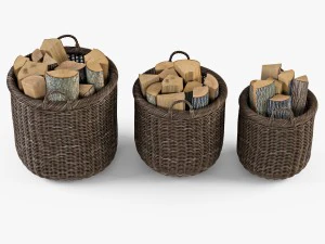 wicker basket 07 walnut brown color with firewood 3D Model