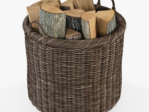 wicker basket 07 walnut brown color with firewood 3D Model