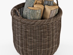 wicker basket 07 walnut brown color with firewood Model 3D