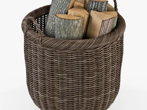 wicker basket 07 walnut brown color with firewood 3D Model