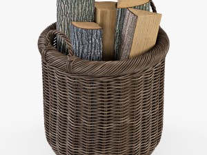 wicker basket 07 walnut brown color with firewood Model 3D