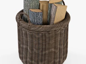 wicker basket 07 walnut brown color with firewood 3D Model