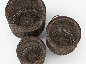 wicker basket 07 walnut brown color with firewood 3D Model