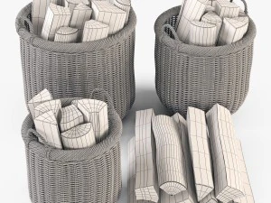 wicker basket 07 walnut brown color with firewood 3D Model