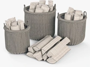 wicker basket 07 walnut brown color with firewood 3D Model