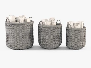 wicker basket 07 walnut brown color with firewood 3D Model