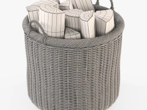 wicker basket 07 walnut brown color with firewood 3D Model