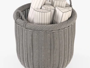 wicker basket 07 walnut brown color with firewood 3D Model