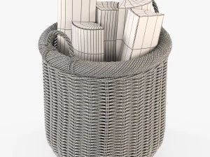 wicker basket 07 walnut brown color with firewood 3D Model