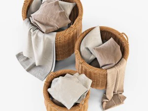 wicker basket 07 toasted oat color with cloth 3D Model