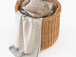 wicker basket 07 toasted oat color with cloth 3D Model