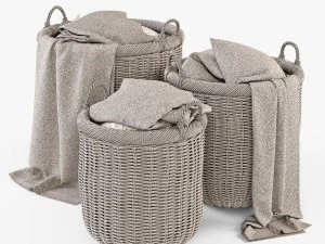 wicker basket 07 toasted oat color with cloth 3D Model