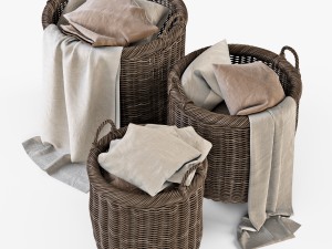 wicker basket 07 walnut brown with cloth 3D Model