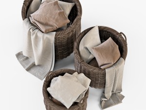 wicker basket 07 walnut brown with cloth 3D Model