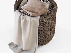 wicker basket 07 walnut brown with cloth 3D Model