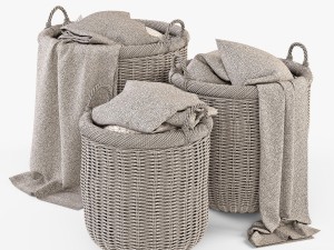 wicker basket 07 walnut brown with cloth 3D Model