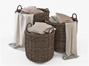 wicker basket 07 walnut brown with cloth 3D Model