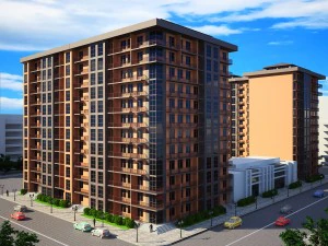 转角住宅楼，一层设有办公室 3D 模型