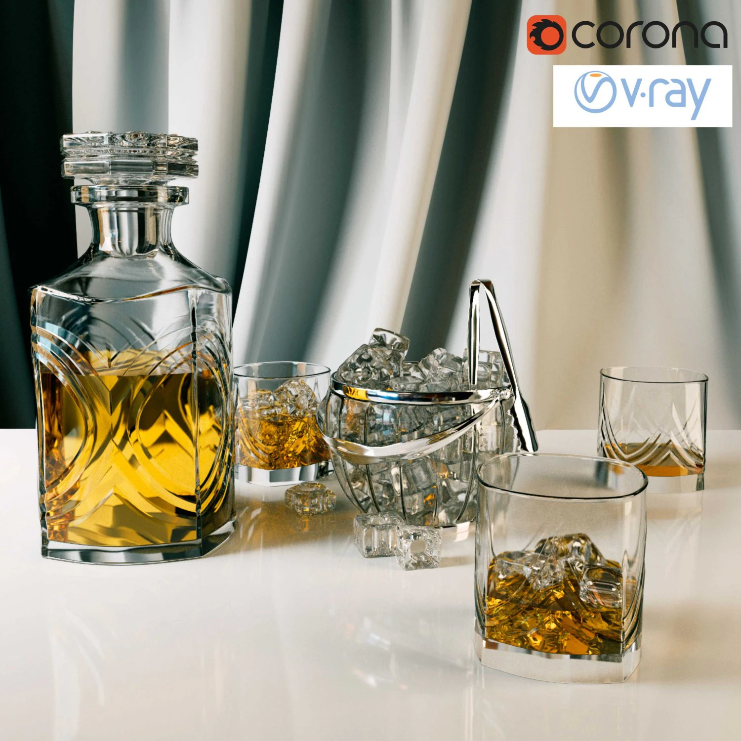 whiskey set with bucket for ice 3D Model .c4d .max .obj .3ds .fbx .stl .blend 
