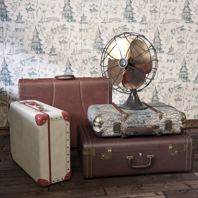 vintage fan and suitcases 3D मॉडल .c4d .max .obj .3ds .fbx .stl .blend 
