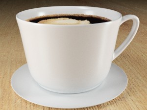 hot coffee cup on wood table Modello 3D