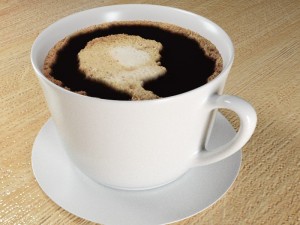 hot coffee cup on wood table Modello 3D