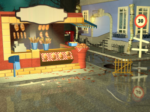 bakery coffee maker croissants bread lantern house road sign hatch mailbox street flooded Modèle 3D